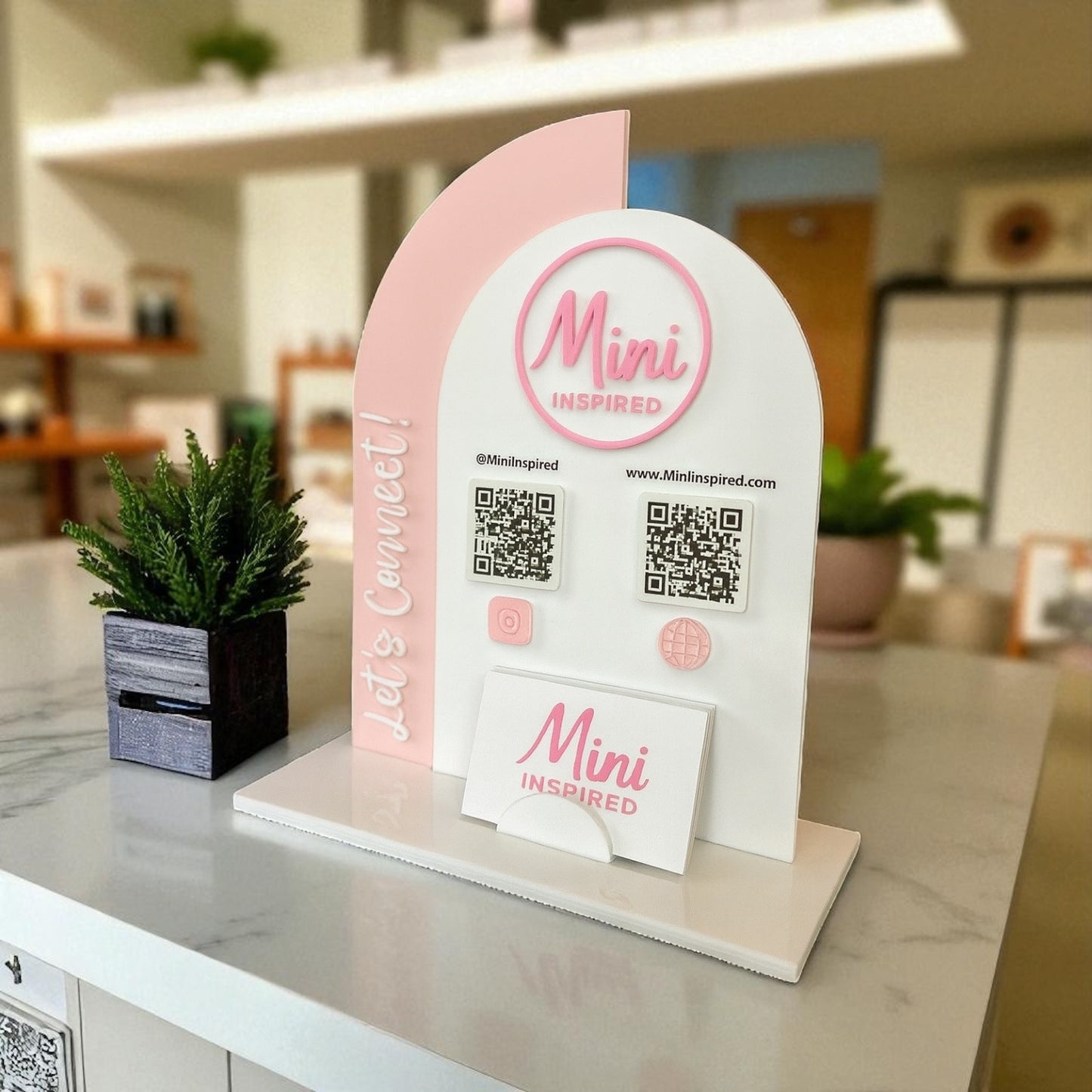 Custom Acrylic Social Media QR Code Sign with Business Card Holder | Small Business Display