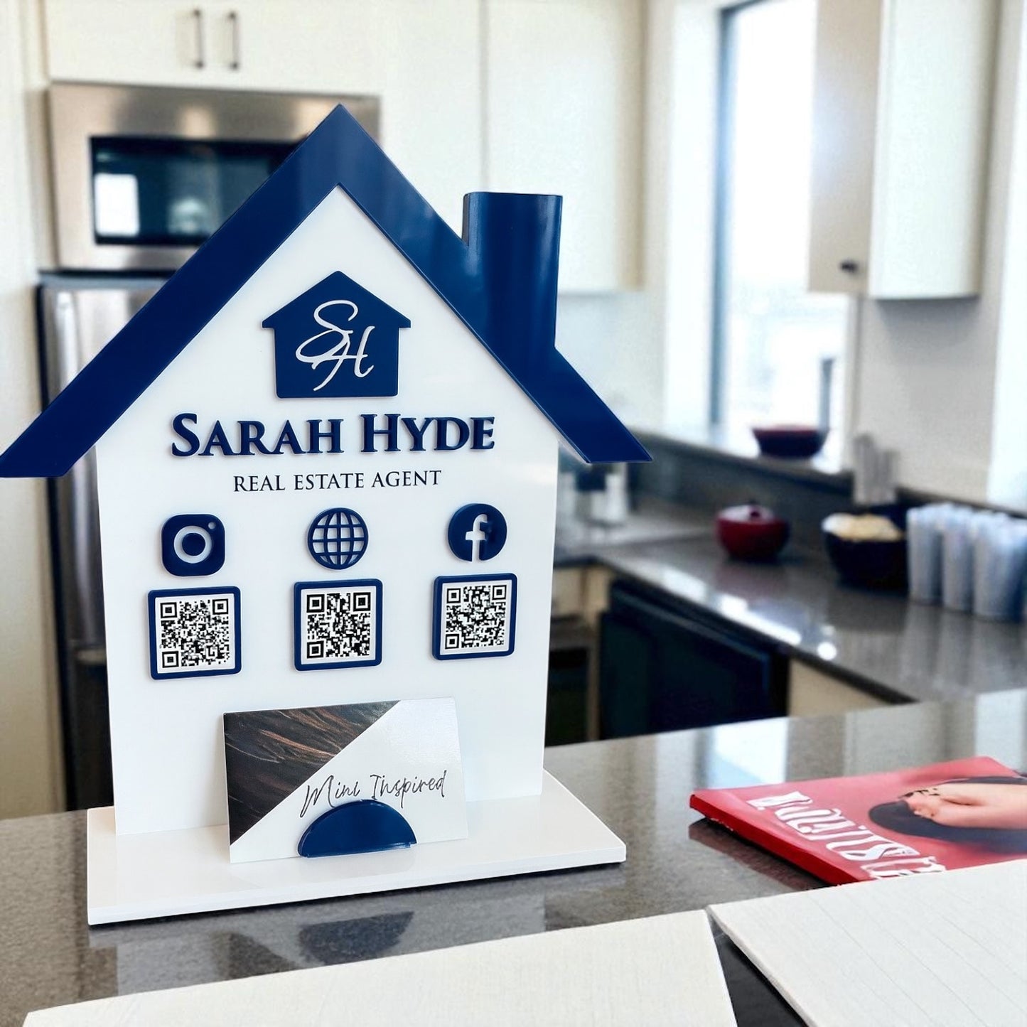 Custom Realtor Acrylic QR Code Sign with Business Card Holder | Real Estate Social Media Display