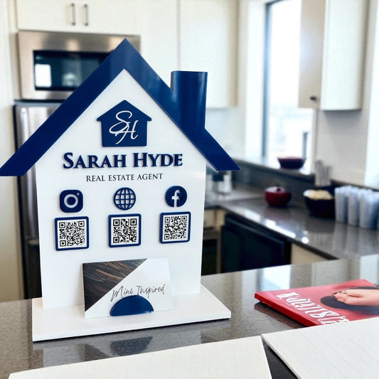 Custom Realtor Acrylic QR Code Sign with Business Card Holder | Real Estate Social Media Display