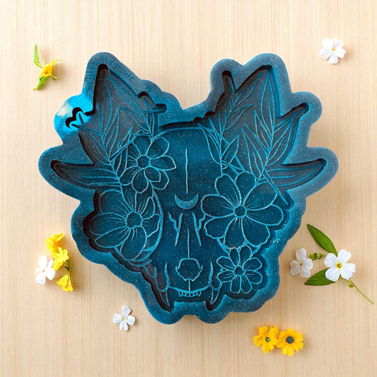 Floral Skull Silicone Mold – Gothic Resin Mold, Boho Skull with Flowers (6 x 6.5 in Flat)